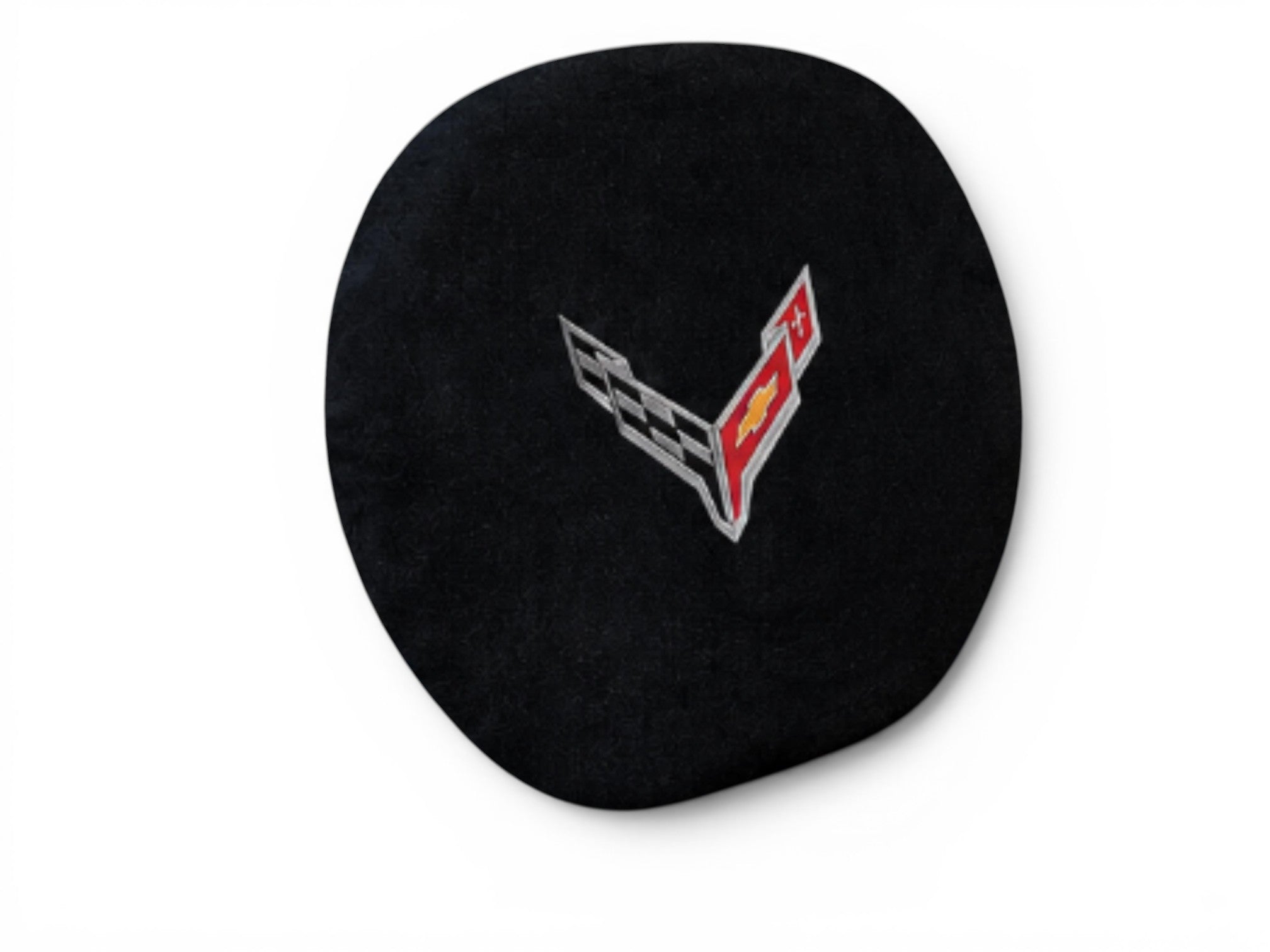T-Top Vibes black terry velour steering wheel cover for C8 Corvette with embroidered crossed flags logo