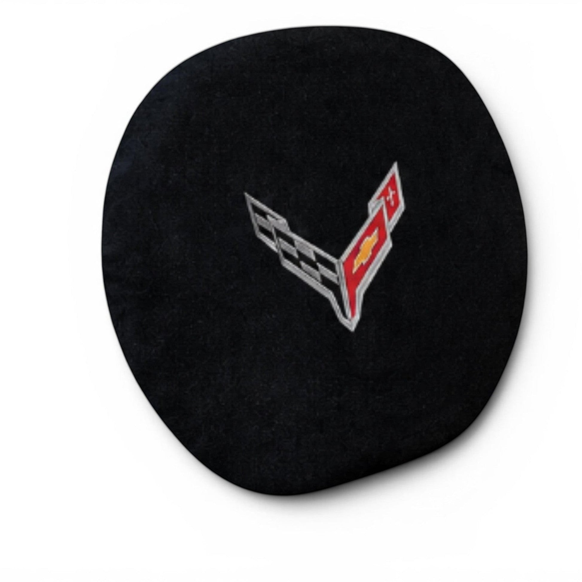 T-Top Vibes black terry velour steering wheel cover for C8 Corvette with embroidered crossed flags logo