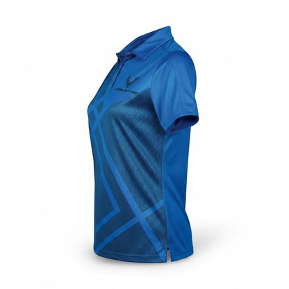 T-Top Vibes women's blue C8 Corvette performance polo with moisture-wicking fabric and geometric side pattern
