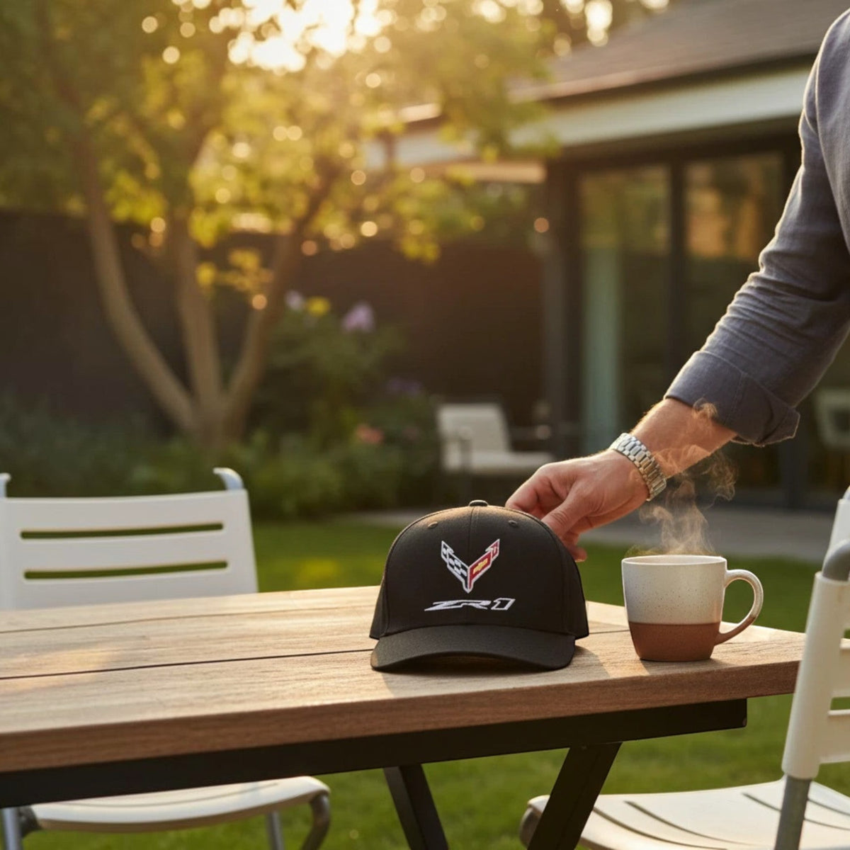 T-Top Vibes black C8 Corvette ZR1 cap with embroidered flag logo on a wooden table next to a steaming coffee mug