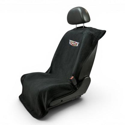 T-Top Vibes black cotton terry velour Cadillac car seat towel with embroidered logo for universal vehicle protection