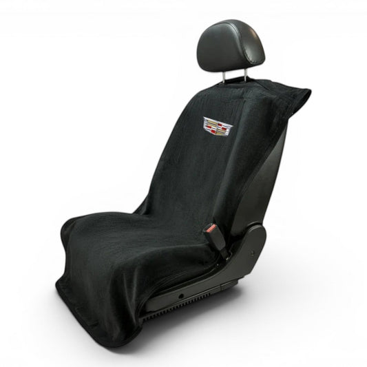 T-Top Vibes black cotton terry velour Cadillac car seat towel with embroidered logo for universal vehicle protection