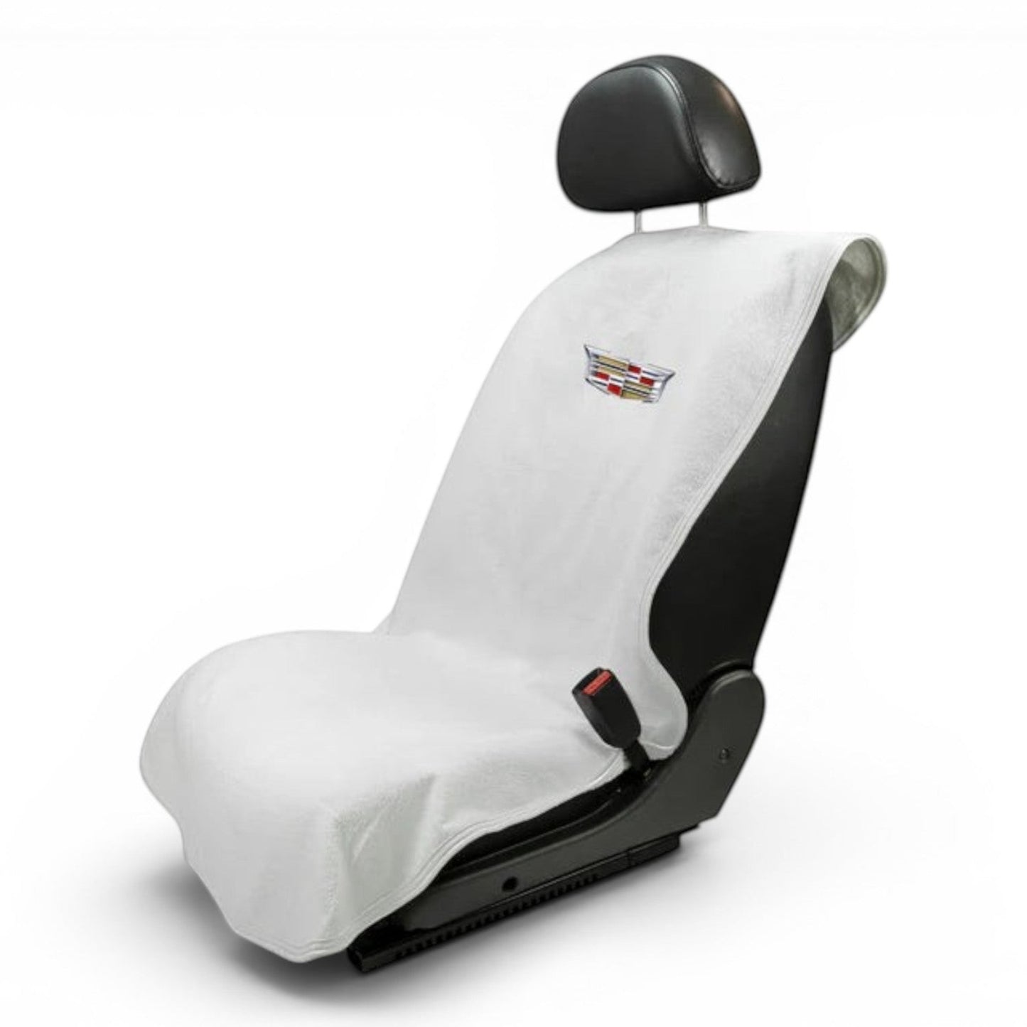 T-Top Vibes white cotton terry velour Cadillac car seat towel with official logo, universal fit for vehicle seats.