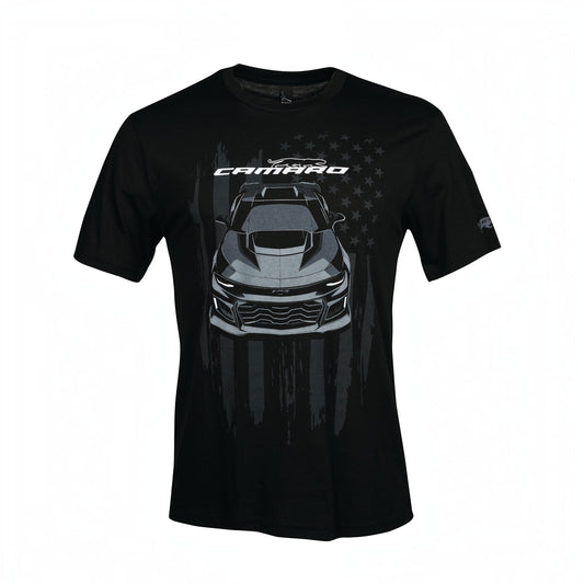 T-Top Vibes black cotton t-shirt featuring a front-view Camaro graphic and distressed American flag design.