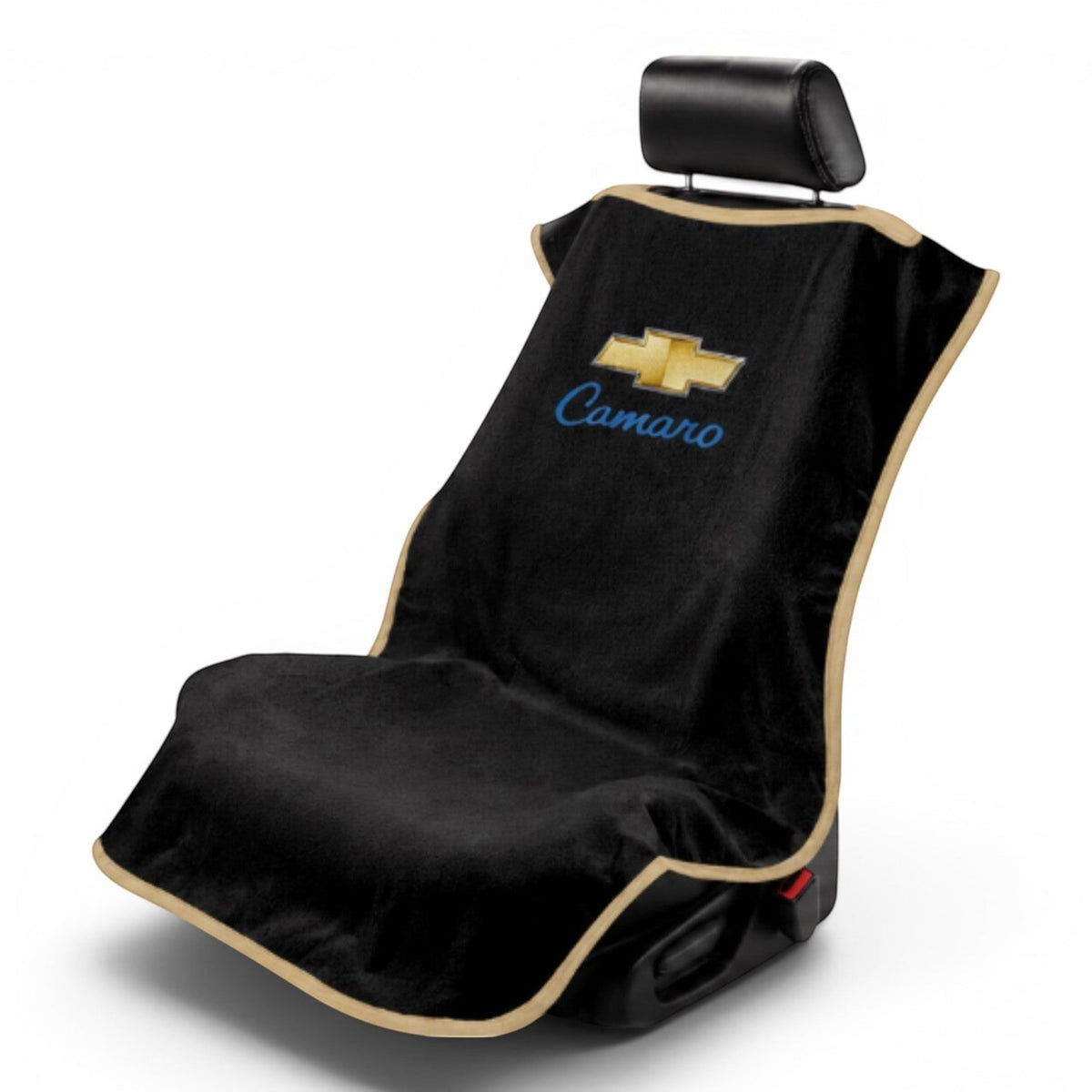 T-Top Vibes black cotton terry velour car seat towel with Classic Camaro logo and tan trim on a vehicle seat