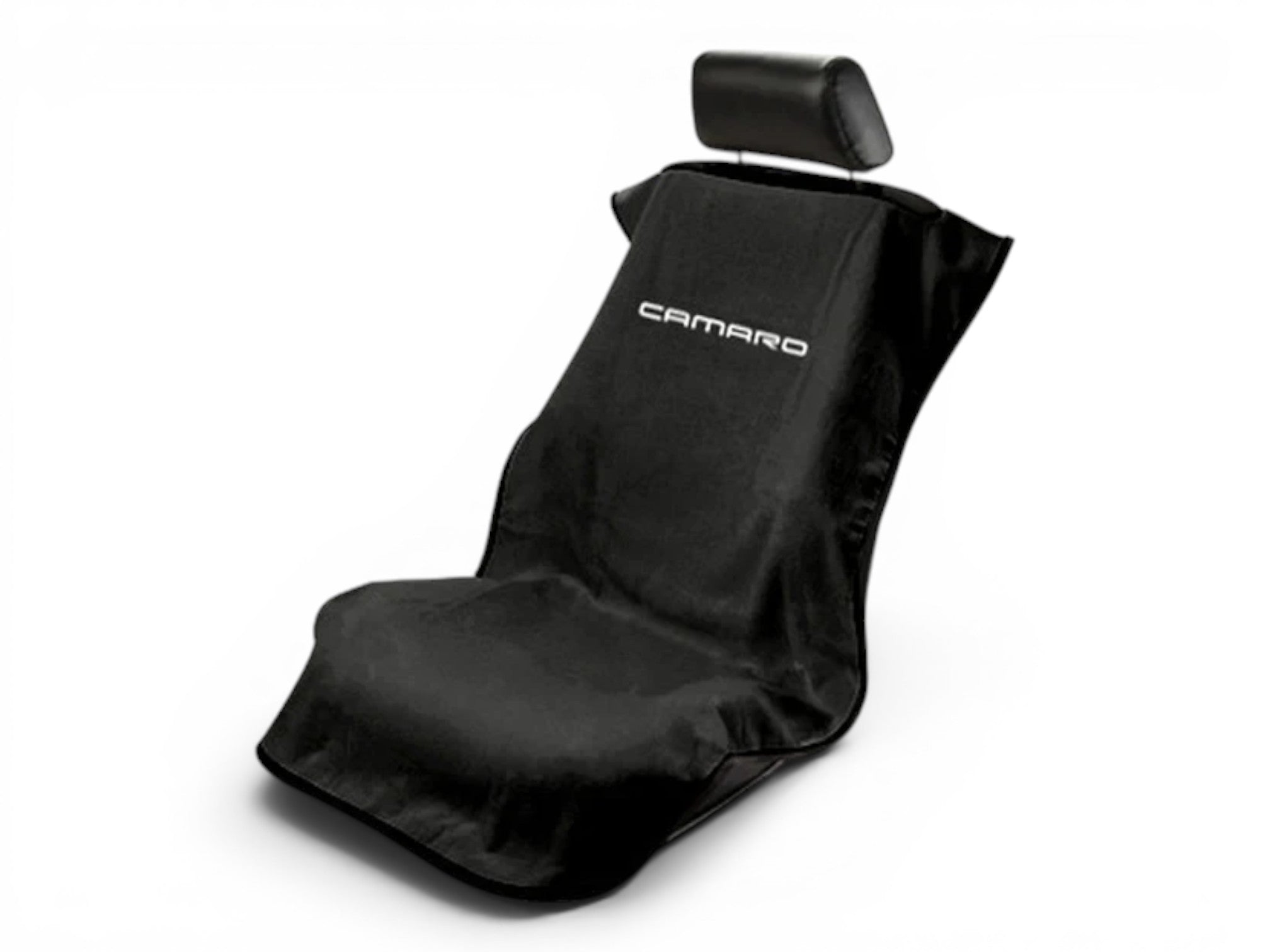 T-Top Vibes black cotton terry velour Camaro seat cover towel with embroidered logo on a car seat