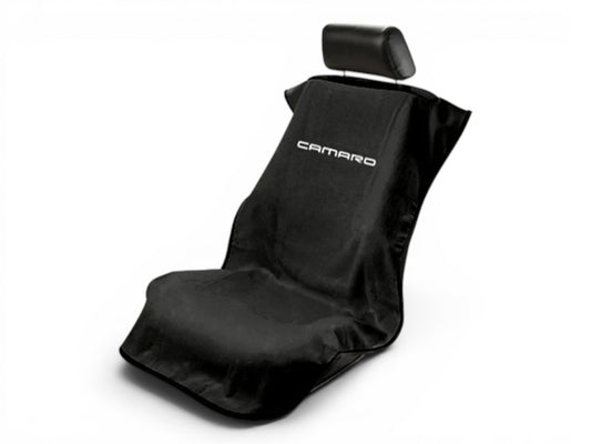 T-Top Vibes black cotton terry velour Camaro seat cover towel with embroidered logo on a car seat