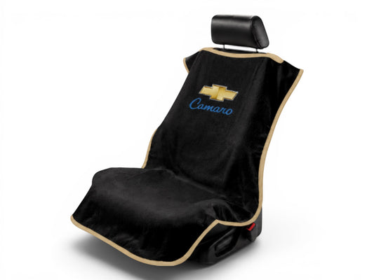 T-Top Vibes black cotton terry velour seat cover with gold trim and classic Camaro logo on a car seat
