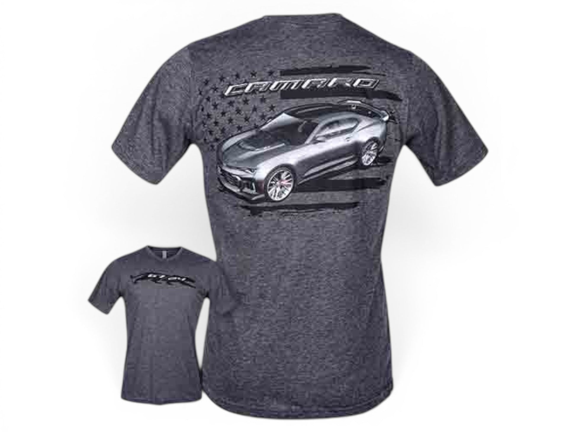 T-Top Vibes charcoal heather Camaro t-shirt featuring a large American flag muscle car graphic on the back.