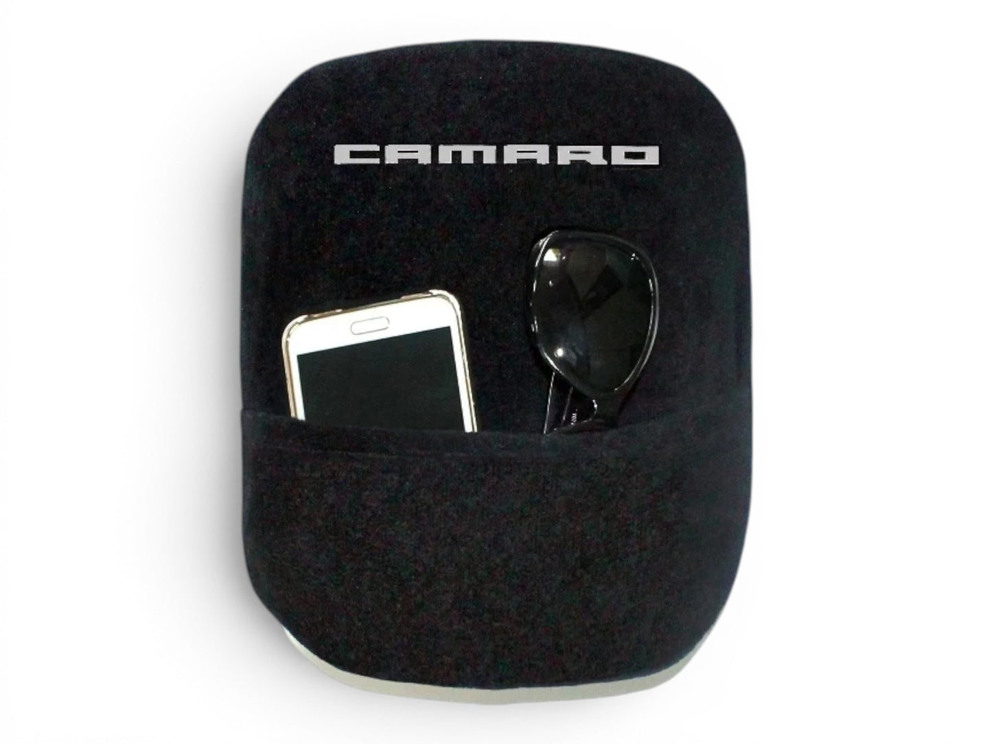 T-Top Vibes black cotton terry velour Camaro console cover with storage pocket holding a phone and sunglasses