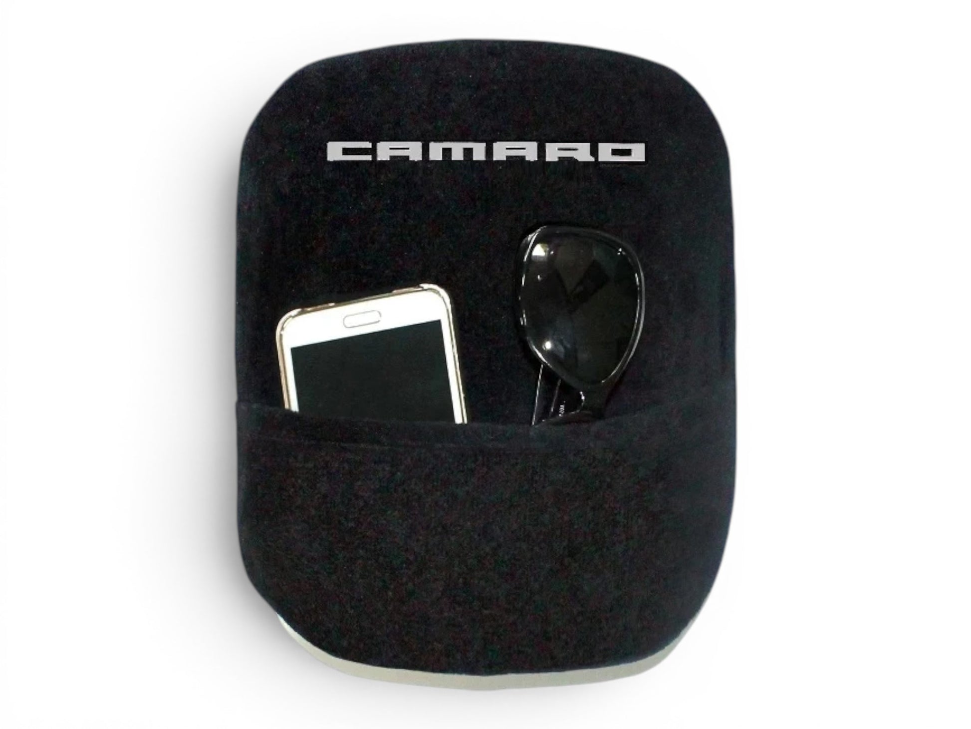 T-Top Vibes black cotton terry velour Camaro console cover with storage pocket holding a phone and sunglasses