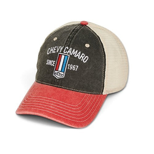 T-Top Vibes Chevrolet Camaro Since 1967 hat with black distressed front, red visor, and cream mesh snapback.