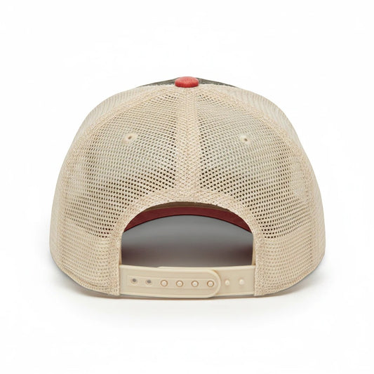 T-Top Vibes Camaro hat featuring a cream mesh back, adjustable snapback closure, and red button detail.