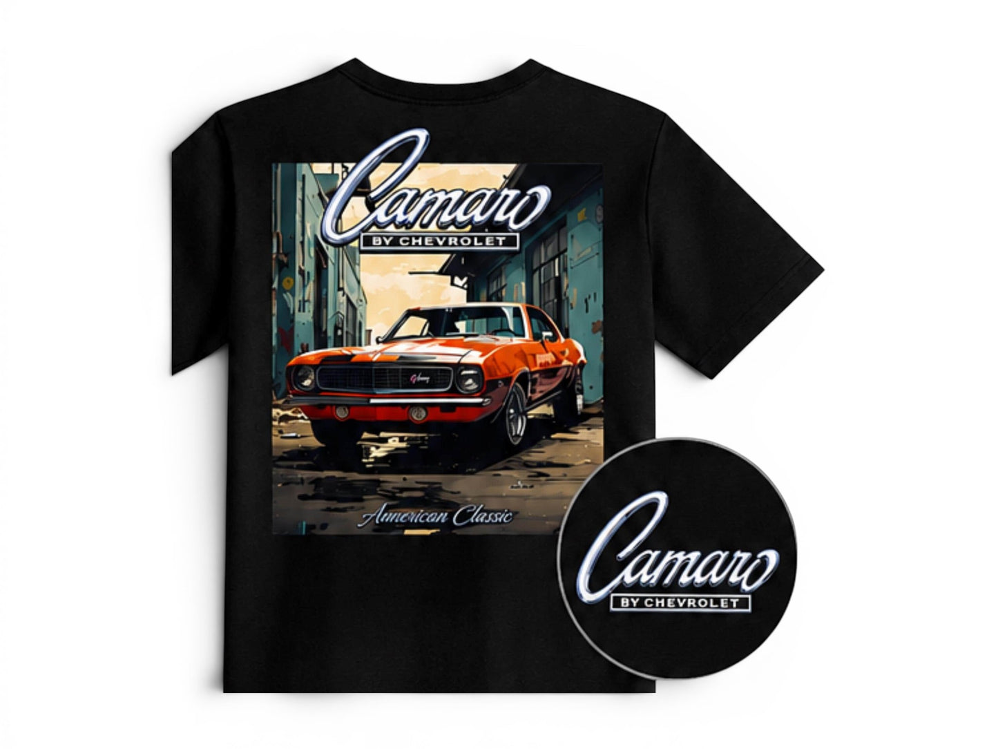 T-Top Vibes black cotton t-shirt featuring a 1st Gen Camaro graphic on the back and a chest logo.