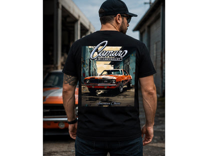 T-Top Vibes black cotton t-shirt featuring a full-color graphic of a classic 1st Gen Chevrolet Camaro on the back.