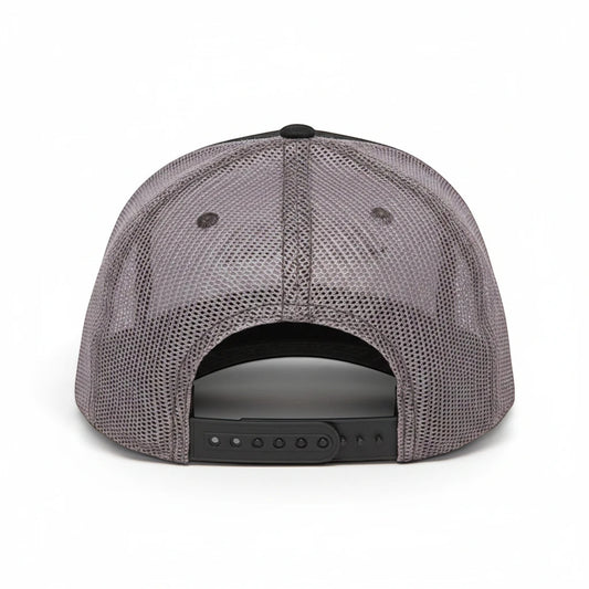 T-Top Vibes Camaro Panther trucker hat featuring a charcoal mesh back and adjustable black snapback closure.
