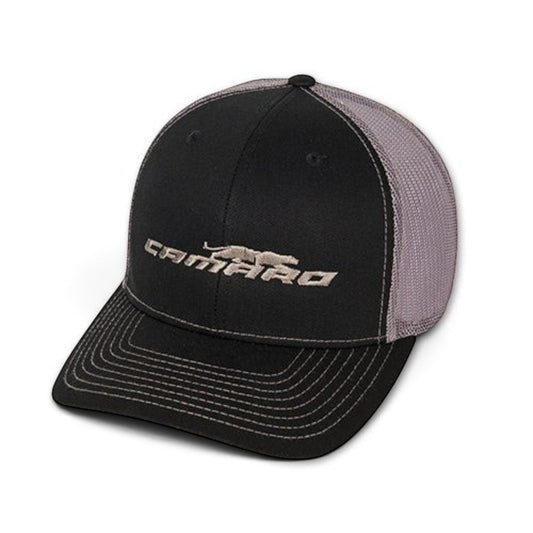 T-Top Vibes Camaro Panther trucker hat in black with a charcoal mesh back and embroidered Chevrolet logo.