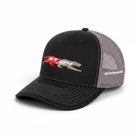 T-Top Vibes Camaro Panther 67/24 trucker hat with black front, charcoal mesh back, and embroidered panther graphics.