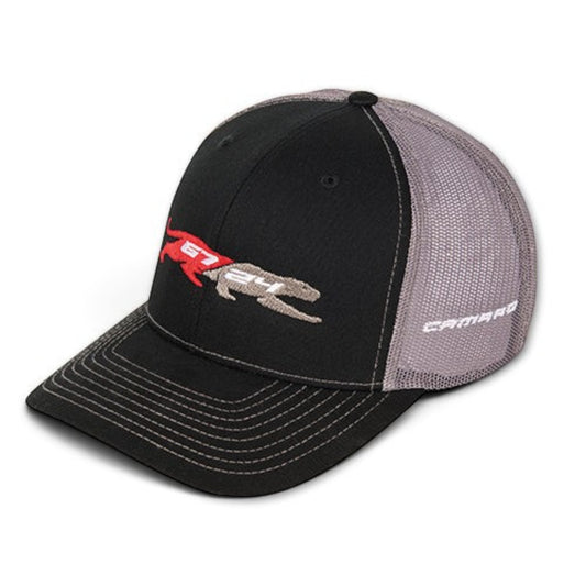 T-Top Vibes Camaro Panther 67/24 trucker hat with black front, charcoal mesh back, and embroidered panther graphics.