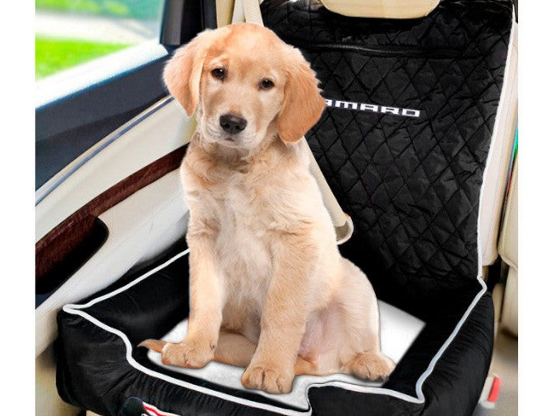 T-Top Vibes Camaro pet bed and car seat cover featuring a cute golden retriever puppy sitting on a white background