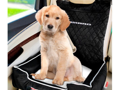 T-Top Vibes Camaro pet bed and car seat cover featuring a cute golden retriever puppy sitting on a white background