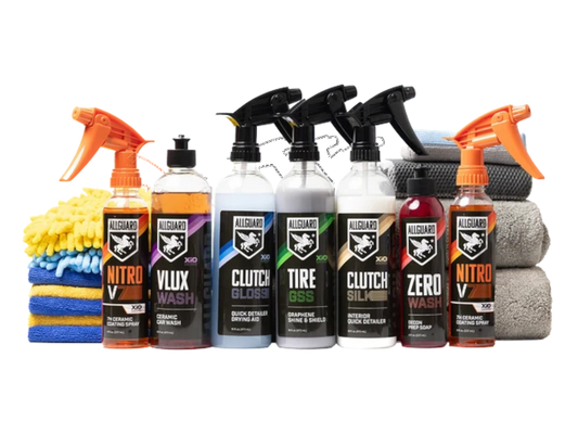 T-Top Vibes AllGuard 19-piece car detailing kit featuring ceramic coating sprays, cleaning solutions, and towels.