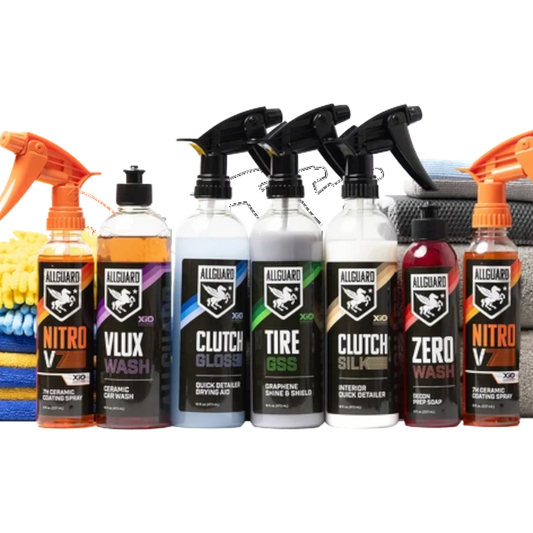 T-Top Vibes AllGuard 19-piece car detailing kit featuring ceramic coating sprays, cleaning solutions, and towels.