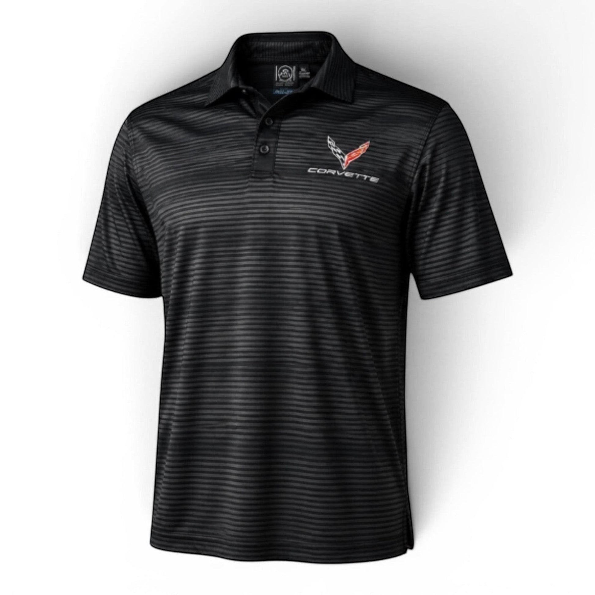 T-Top Vibes carbon performance polo with embroidered C8 Corvette emblem and subtle horizontal stripe pattern