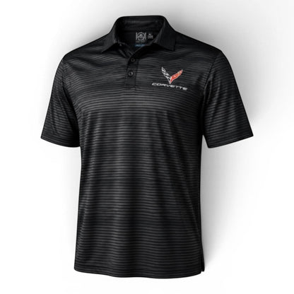 T-Top Vibes carbon performance polo with embroidered C8 Corvette emblem and subtle horizontal stripe pattern