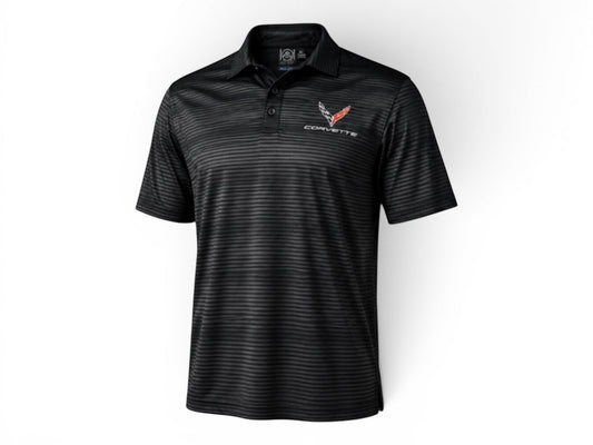 T-Top Vibes carbon performance polo with embroidered C8 Corvette emblem and subtle horizontal stripe pattern
