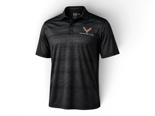 T-Top Vibes carbon performance polo with embroidered C8 Corvette emblem and subtle horizontal stripe pattern