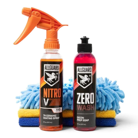 T-Top Vibes AllGuard ceramic coating kit with Nitro V7 spray, Zero Wash, microfiber mitt, and detailing towels.