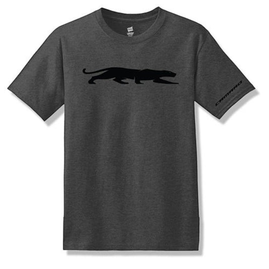 T-Top Vibes charcoal grey crewneck t-shirt featuring a black Camaro Panther silhouette and sleeve logo detail.