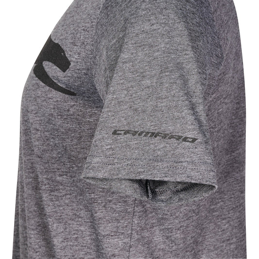 T-Top Vibes charcoal grey Camaro Panther crewneck t-shirt with logo detail on the sleeve, side view.