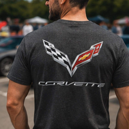 T-Top Vibes charcoal heather Corvette C7 t-shirt with large crossed flags graphic on the back worn by a man