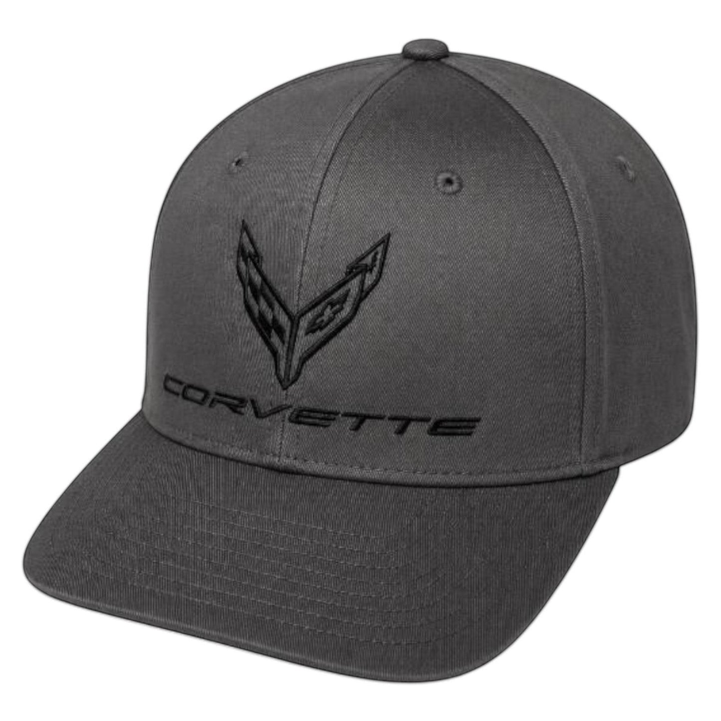 T-Top Vibes charcoal C8 Corvette snapback cap with a tonal embroidered flag logo and structured 6-panel design.