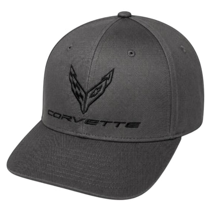 T-Top Vibes charcoal C8 Corvette snapback cap with a tonal embroidered flag logo and structured 6-panel design.
