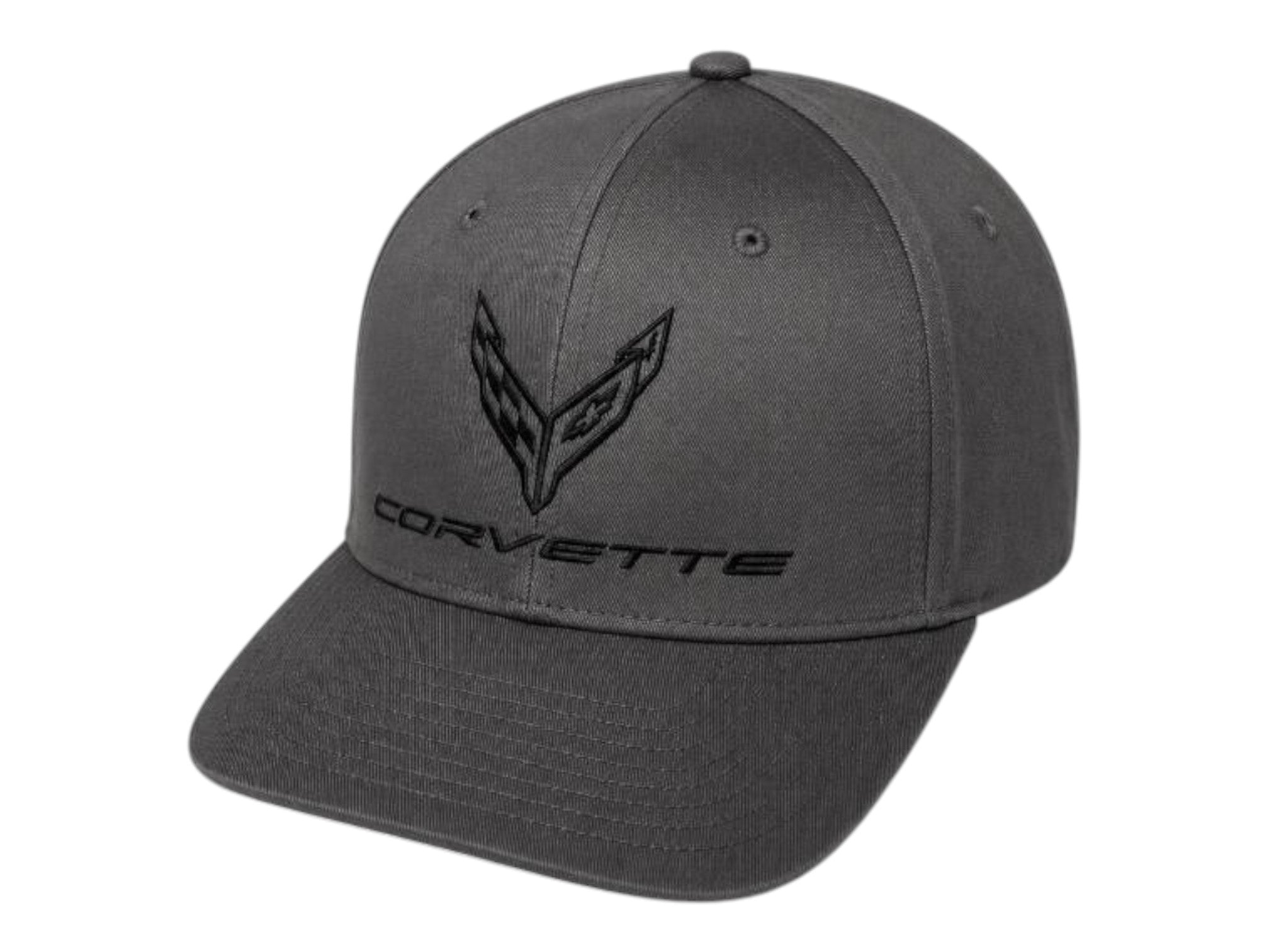T-Top Vibes charcoal C8 Corvette snapback cap with a tonal embroidered flag logo and structured 6-panel design.