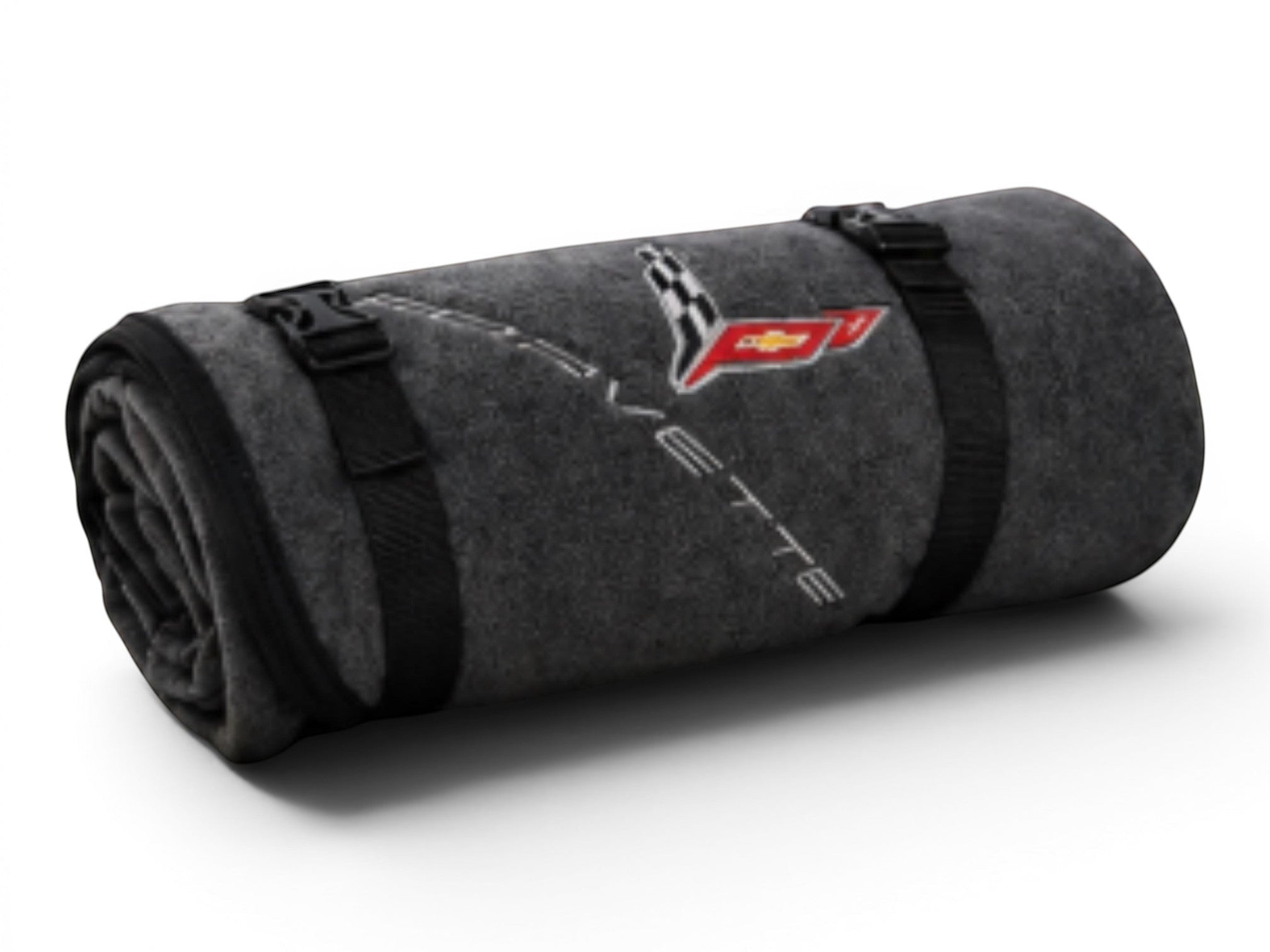 T-Top Vibes charcoal Corvette stadium blanket rolled with integrated black carry straps and embroidered logo.