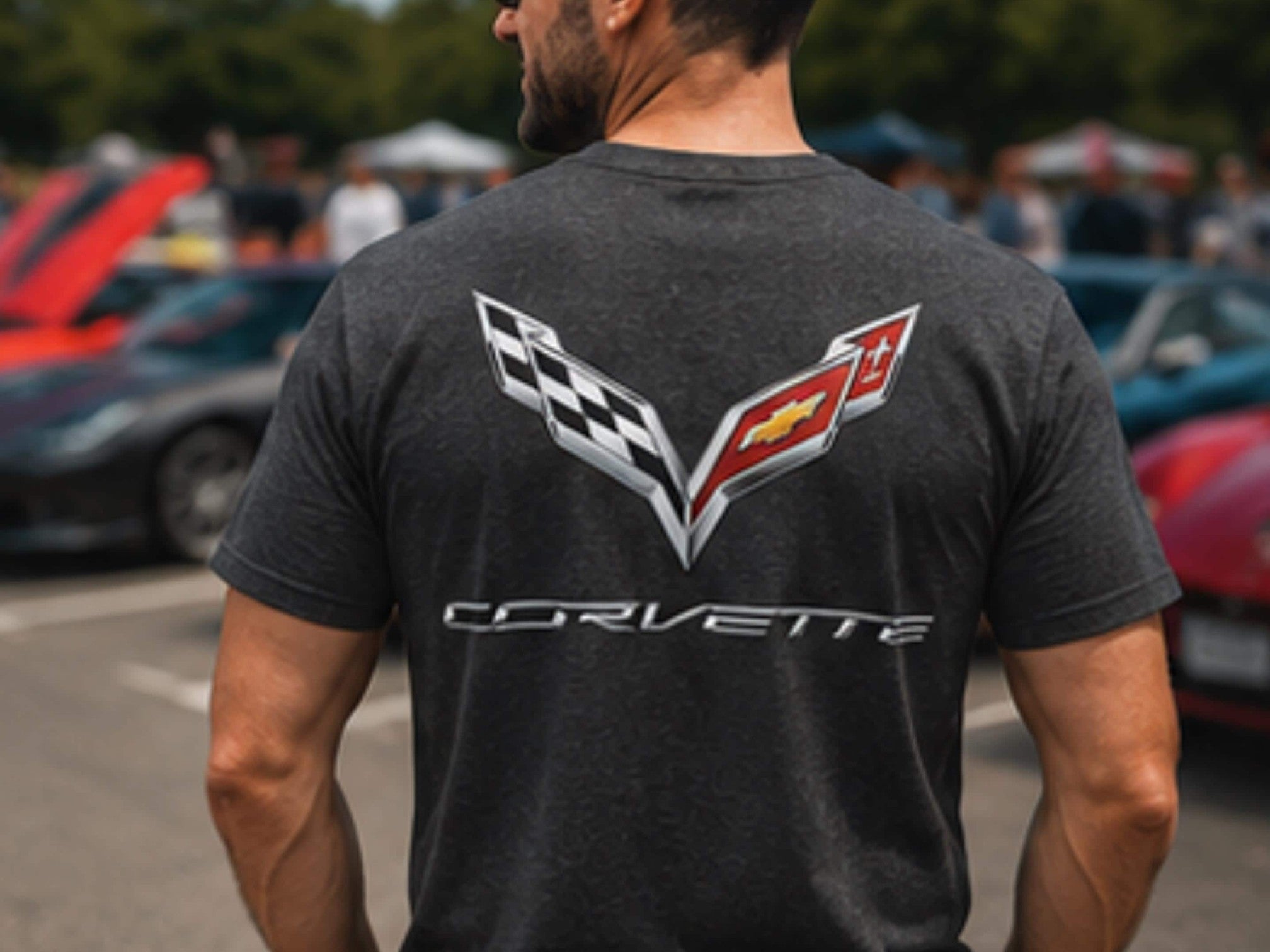 T-Top Vibes charcoal heather cotton-poly blend T-shirt featuring a large C7 Corvette crossed flags logo on the back