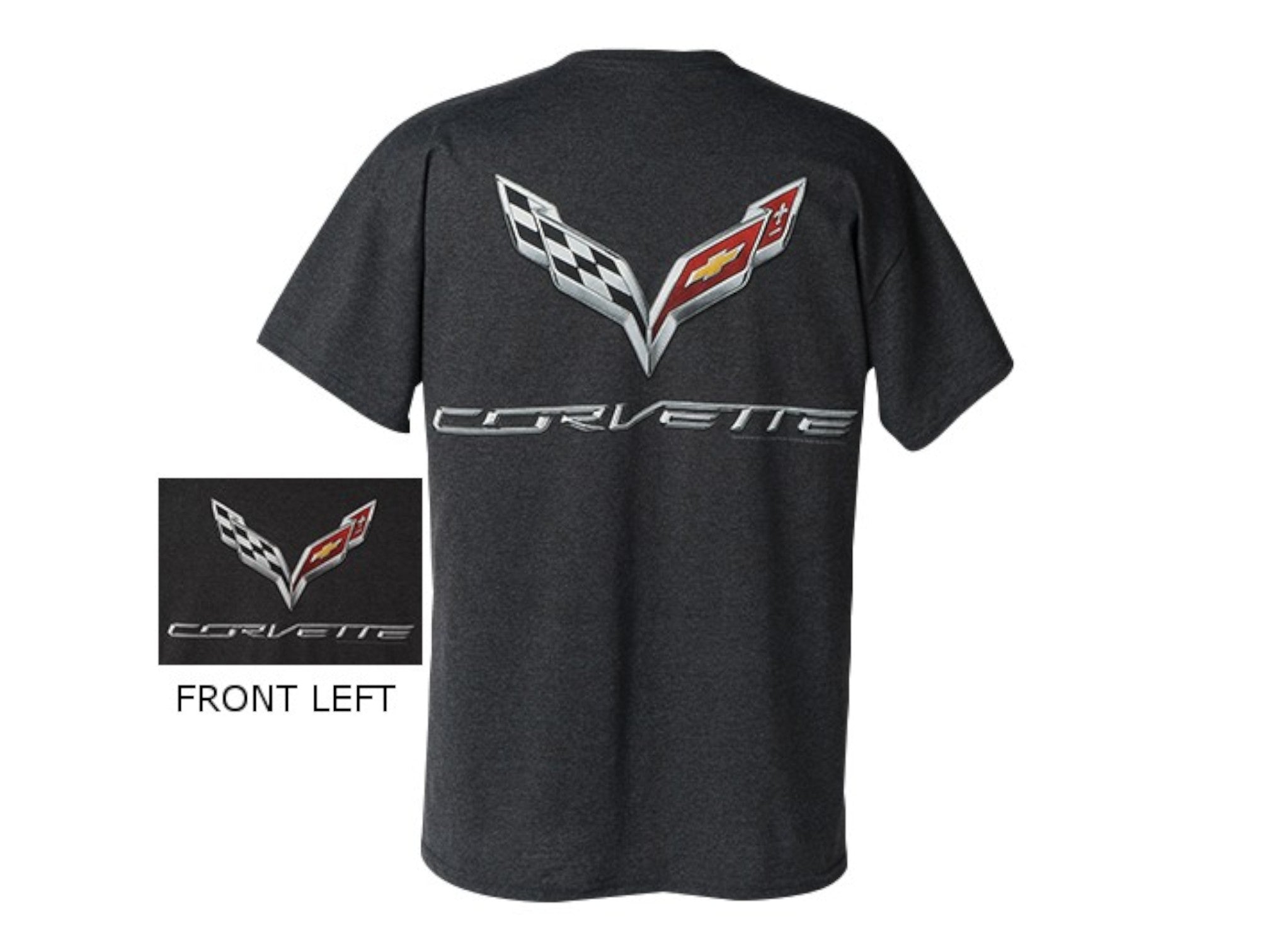 T-Top Vibes charcoal heather C7 Corvette t-shirt featuring a large crossed flags logo on the back and chest