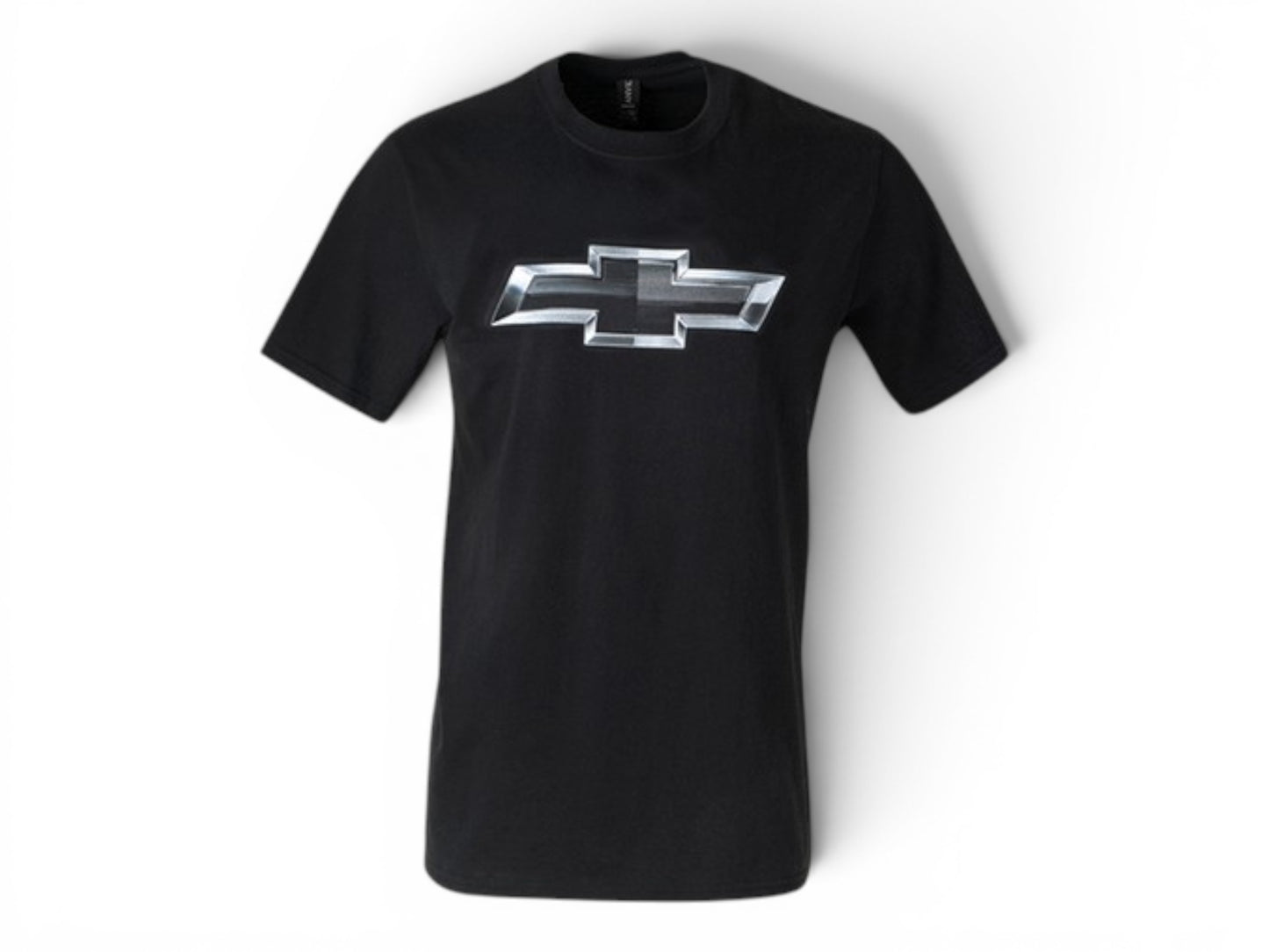 T-Top Vibes black Chevrolet cotton t-shirt featuring a large metallic silver bowtie logo on the front