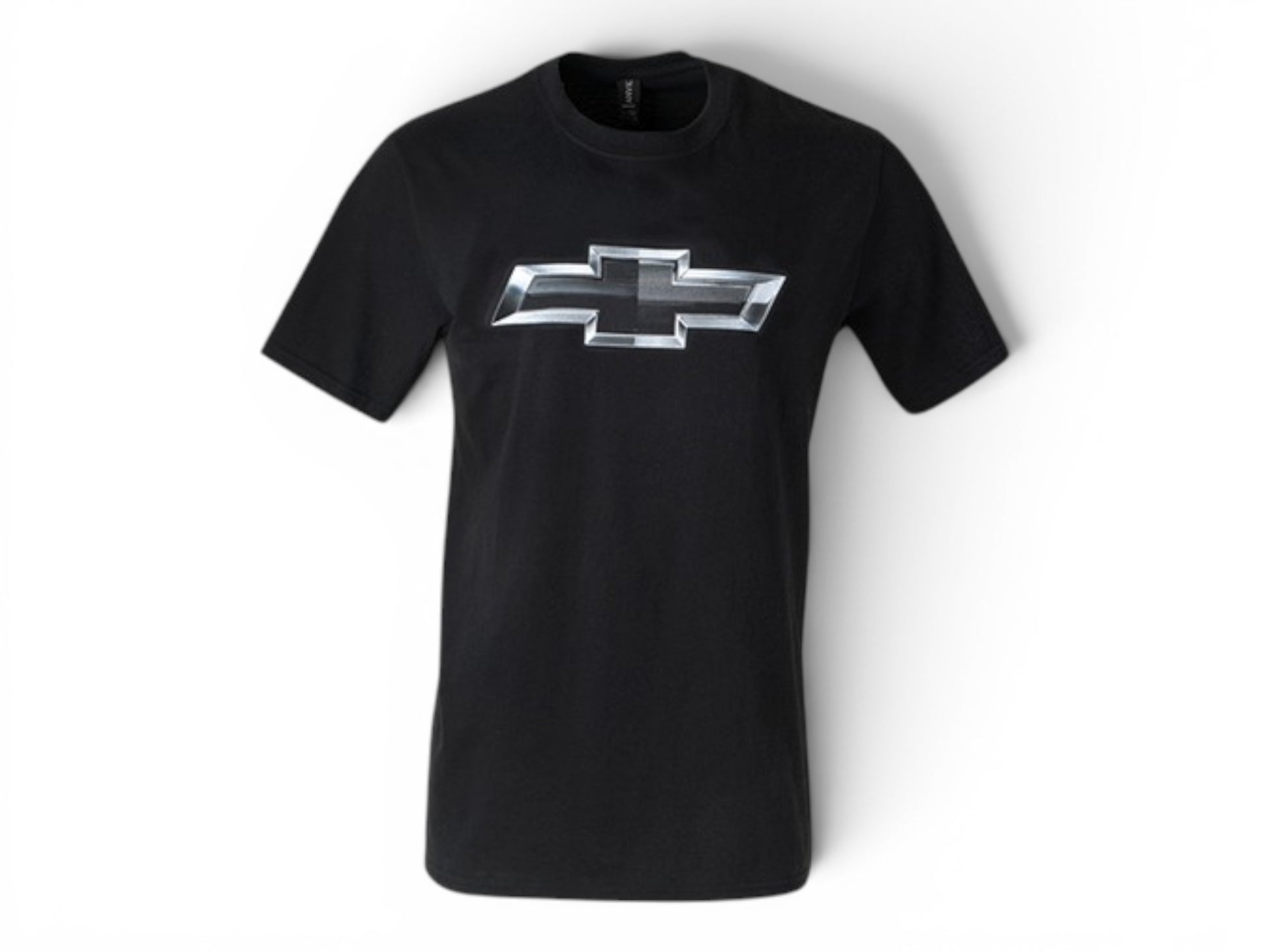 T-Top Vibes black Chevrolet cotton t-shirt featuring a large metallic silver bowtie logo on the front