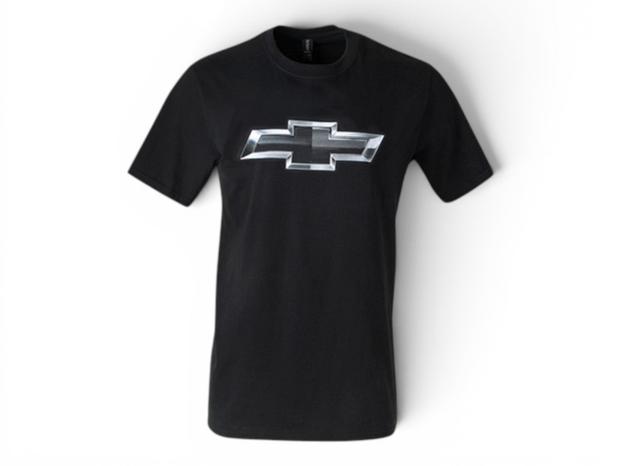 T-Top Vibes black Chevrolet cotton t-shirt featuring a large metallic silver bowtie logo on the front