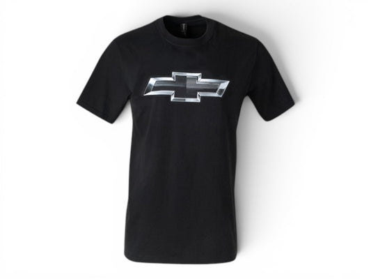 T-Top Vibes black Chevrolet cotton t-shirt featuring a large metallic silver bowtie logo on the front
