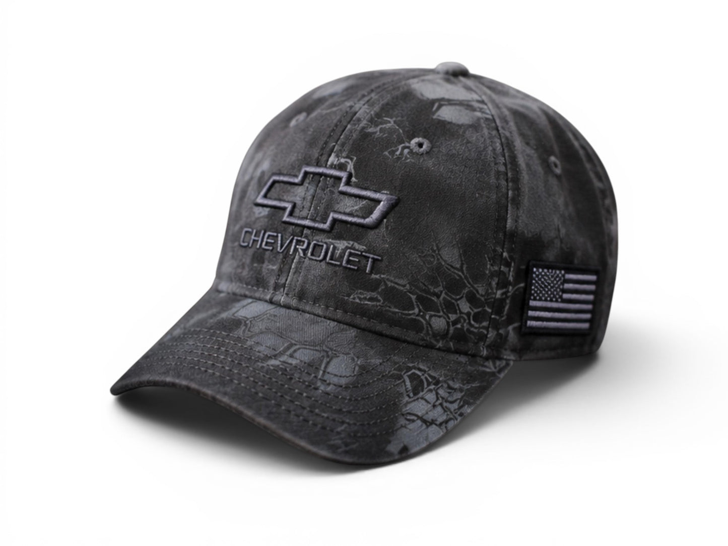T-Top Vibes Chevrolet black camo tactical cap with embroidered bowtie logo and tonal American flag patch on side