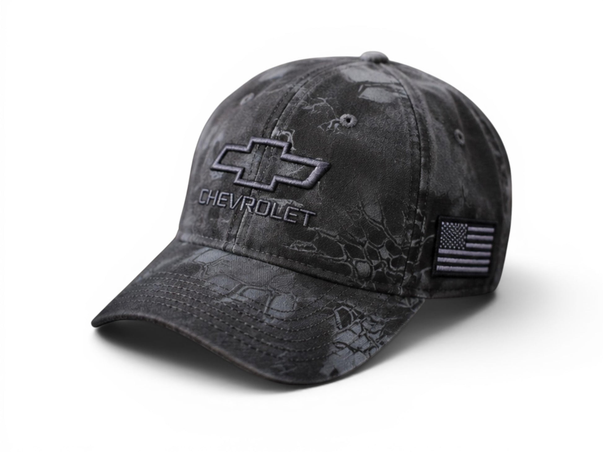 T-Top Vibes Chevrolet black camo tactical cap with embroidered bowtie logo and tonal American flag patch on side