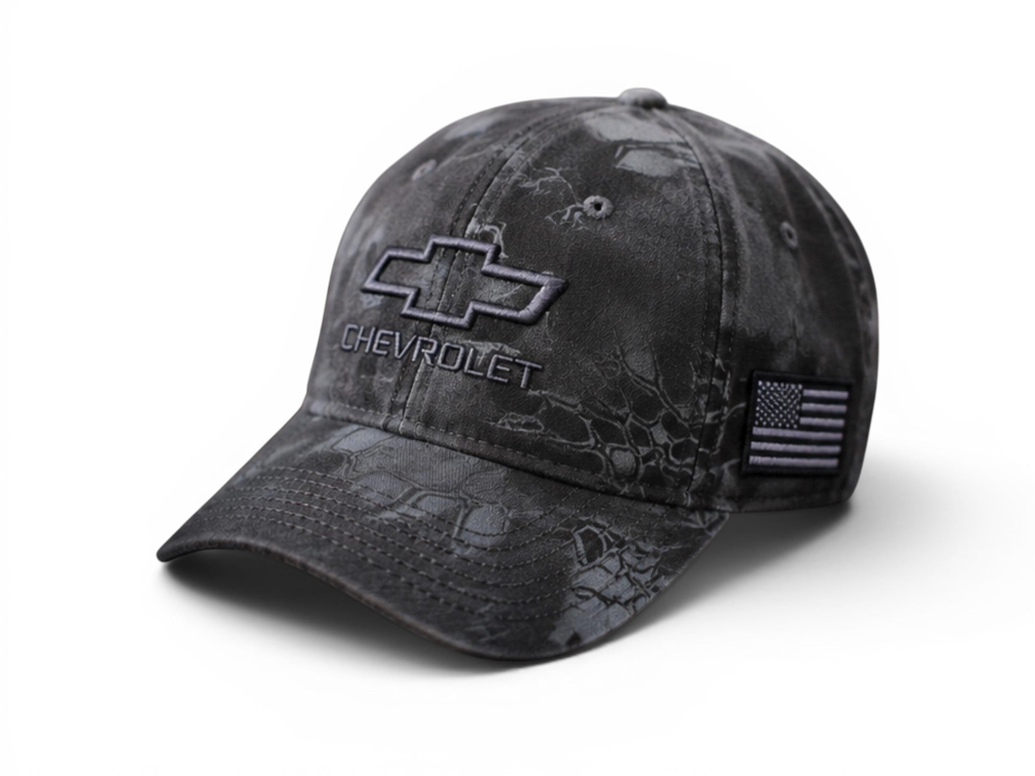 T-Top Vibes Chevrolet black camo tactical cap with embroidered bowtie logo and tonal American flag patch on side