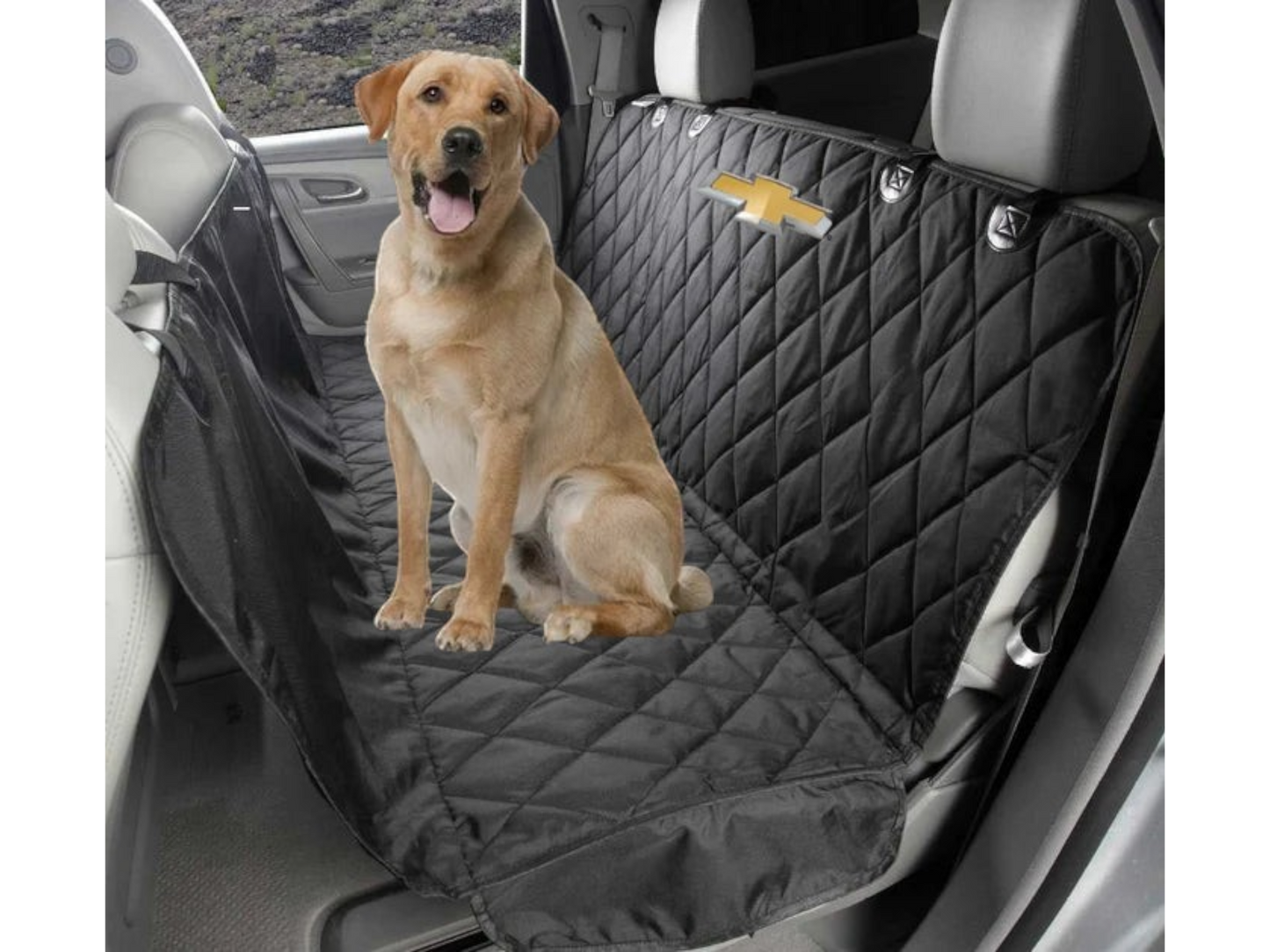 T-Top Vibes Chevrolet pet hammock in black quilted fabric with logo, protecting a car back seat with a dog sitting on it.