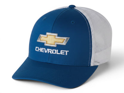 T-Top Vibes Chevrolet trucker cap in blue and white with an embroidered gold bowtie logo and pre-curved visor.